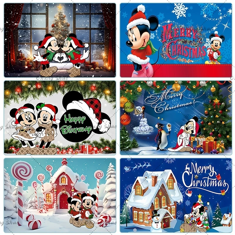 Cute Cartoon Minnie Mickey Mouse Olaf Backdrops Decoration Lovely Toys Tree Gifts Christmas Party Purple Photography Background