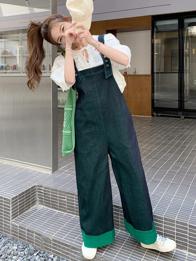 

Summer 2024 Women's Denim Overalls Straight Leg High Waist Trousers Korean Sle Faionable Streetwear Slimming Effect