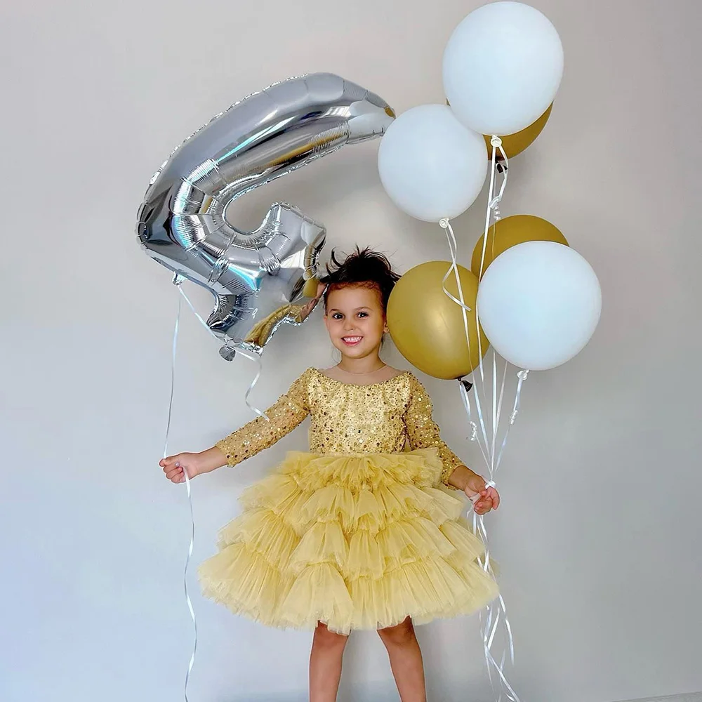 

Stylish Tiered Kid's Pageant Dresses Knee Length Gold Birthday Party Gown A-line Flower Girl Dress Sparkly Beads Christmas Dress