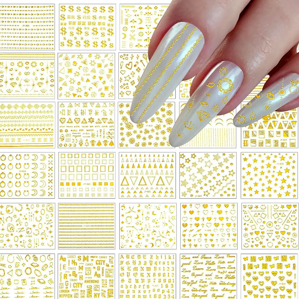 20/30 Sheets Gold Geometric Line Star Leaf Diamond Nail Stickers 3D Self-Adhesive Elegant Golden Lines Nail Decals Manicure Desi