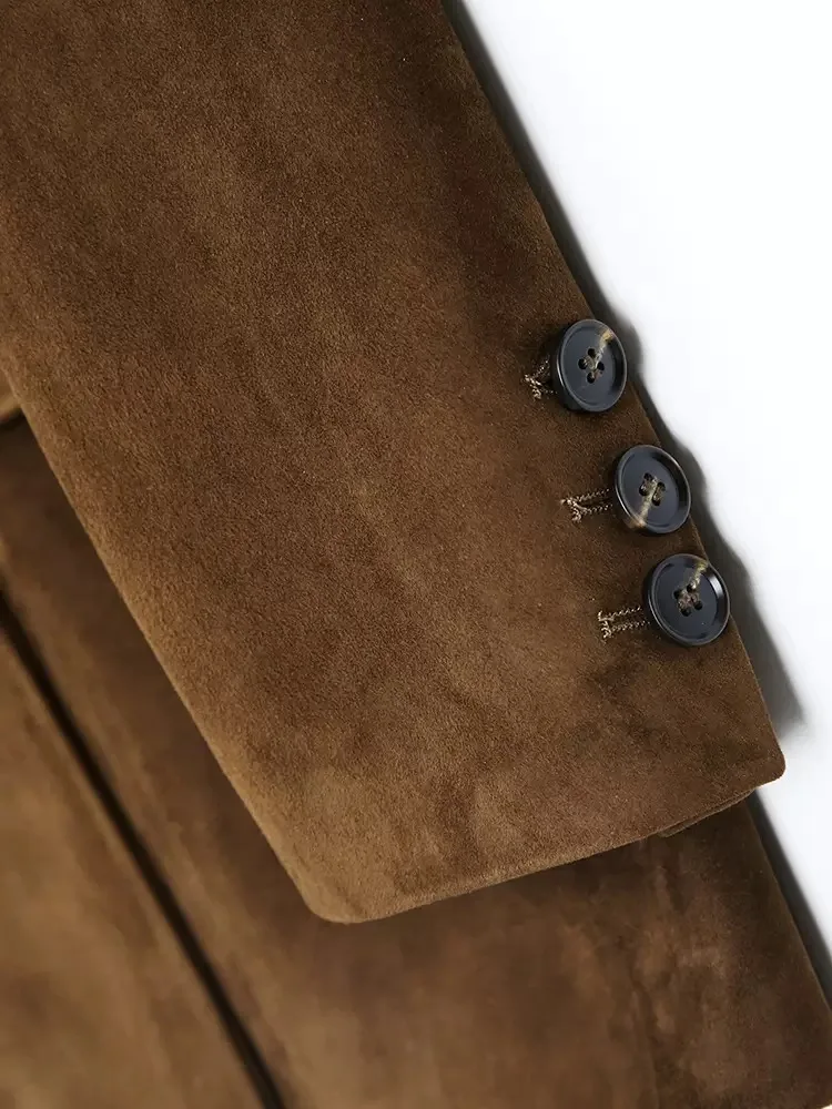 Jaket Kulit Suede Anak Kelas Atas Mewah untuk Wanita Mantel Pelangsing Saku Musim Dingin Diisi dengan Veste Hangat Kopi Dalam Sutra Murbei