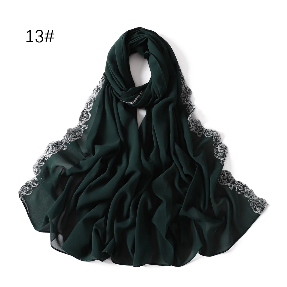 Hijab en mousseline de soie pour femmes musulmanes, 2 côtés, dentelle, broderie, Rose, bords fleuris, patchs décoratifs