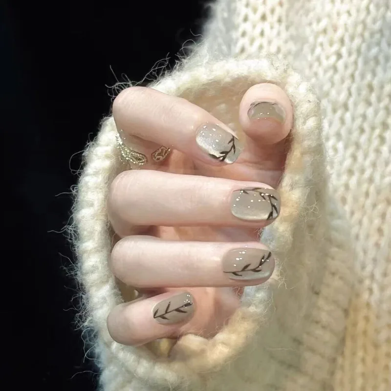 

10 Pcs Cat's Eye Fake Nails Chinese Style Bamboo Square False Nails with Glue Short Nail Tips Press on Nails with Box and Tools