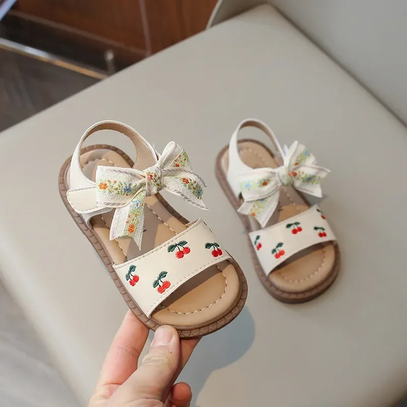 

Summer Baby Girls Sandals Fashion Bowtie Embroidered Cherries Children's Casual Sandals Open toes Little kids Shoes