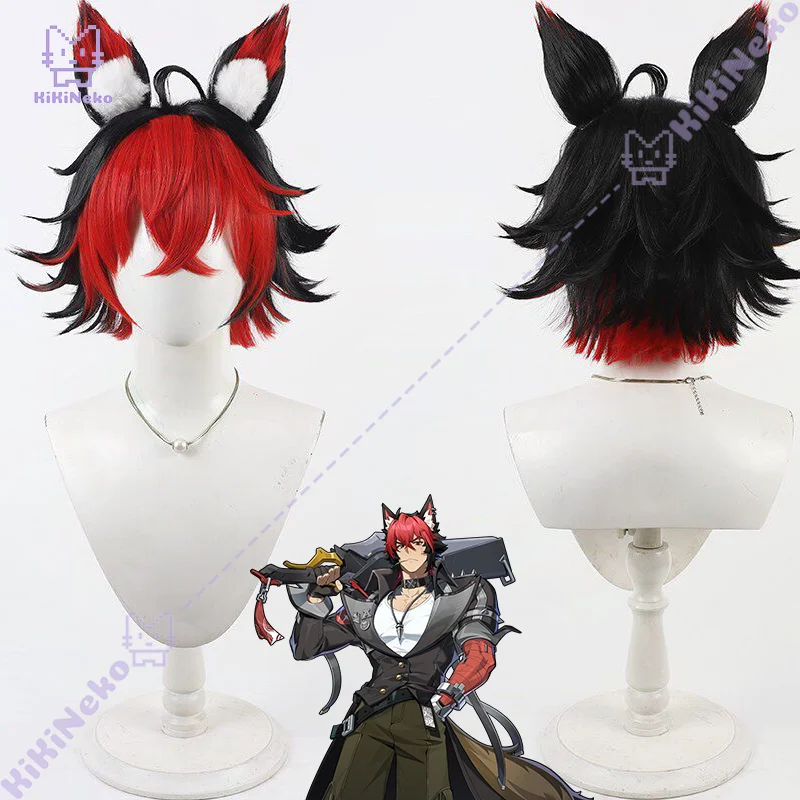 لعبة Zenless منطقة صفر كومانو ماناتو شعر مستعار تأثيري الأسود والأحمر قصير تأثيري الشعر مع آذان لحفلة Comicon الكبار النساء الرجال