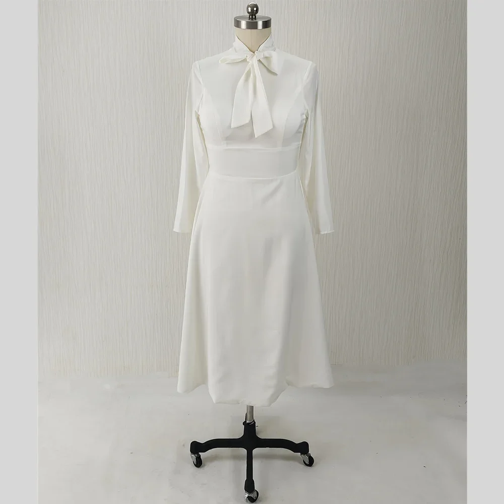 

Real Photo Evening Dress Beige Modest High Collar Fully Lined Full Sleeves A-line Tea-length Plus sie Woman Party Formal Gowns