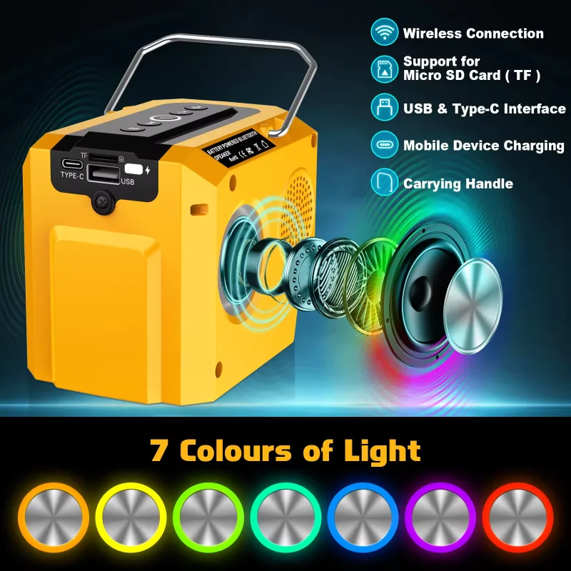 Portable Speaker For Dewalt 18-20V Li-ion Battery DCB203 DCB207 With USB Type-C Output Port Bluetooth Player Loudspeaker