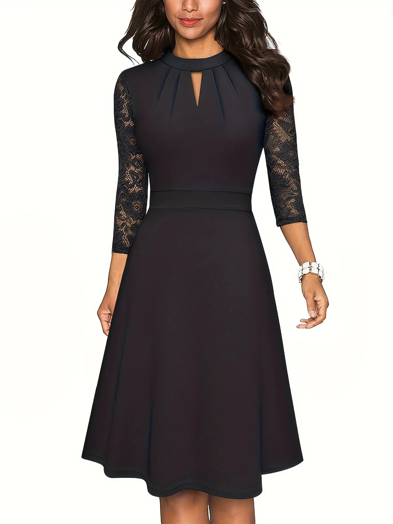 

Плюс размер 1XL-5XL женское повседневное однотонное ажурное платье женское модное платье с длинными рукавами и кружевными рукавами