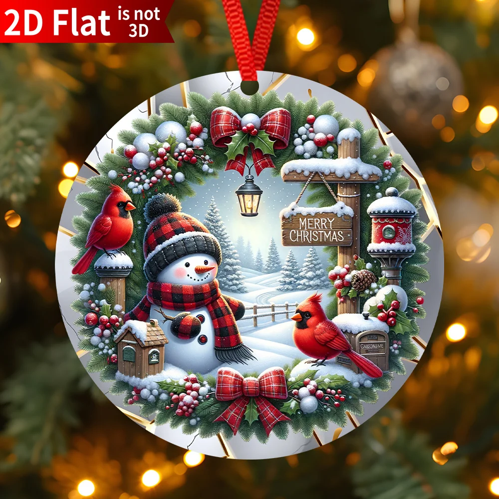 2D Flat Design Suitable for All Seasons Plastic Ornament 1pc Snowman And Cardinal Christmas Decor - Round Acrylic Hanging Orname