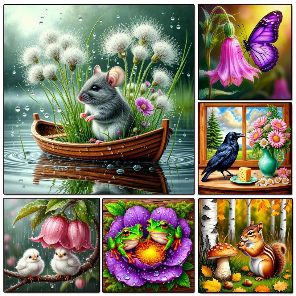 

New 2025 Diamond Mosaic Cartoon Mouse Full Square Round Diamond Painting animal Squirrel Butterfly Flower Embroidery Home Decor