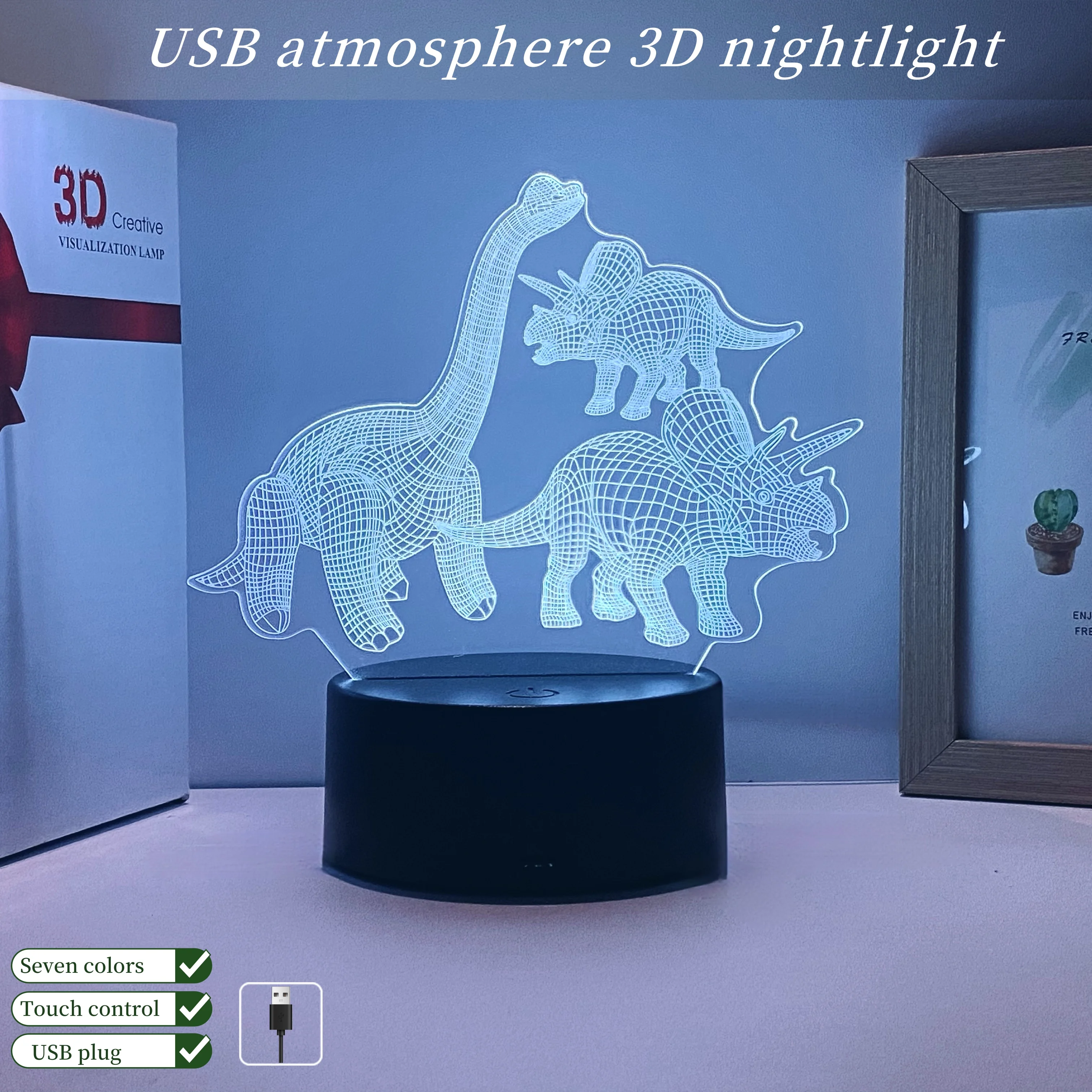 1pcs retro dinosaur 3D nightlight, USB atmosphere table light, study bedroom decoration table lamp, holiday gift nightlight.