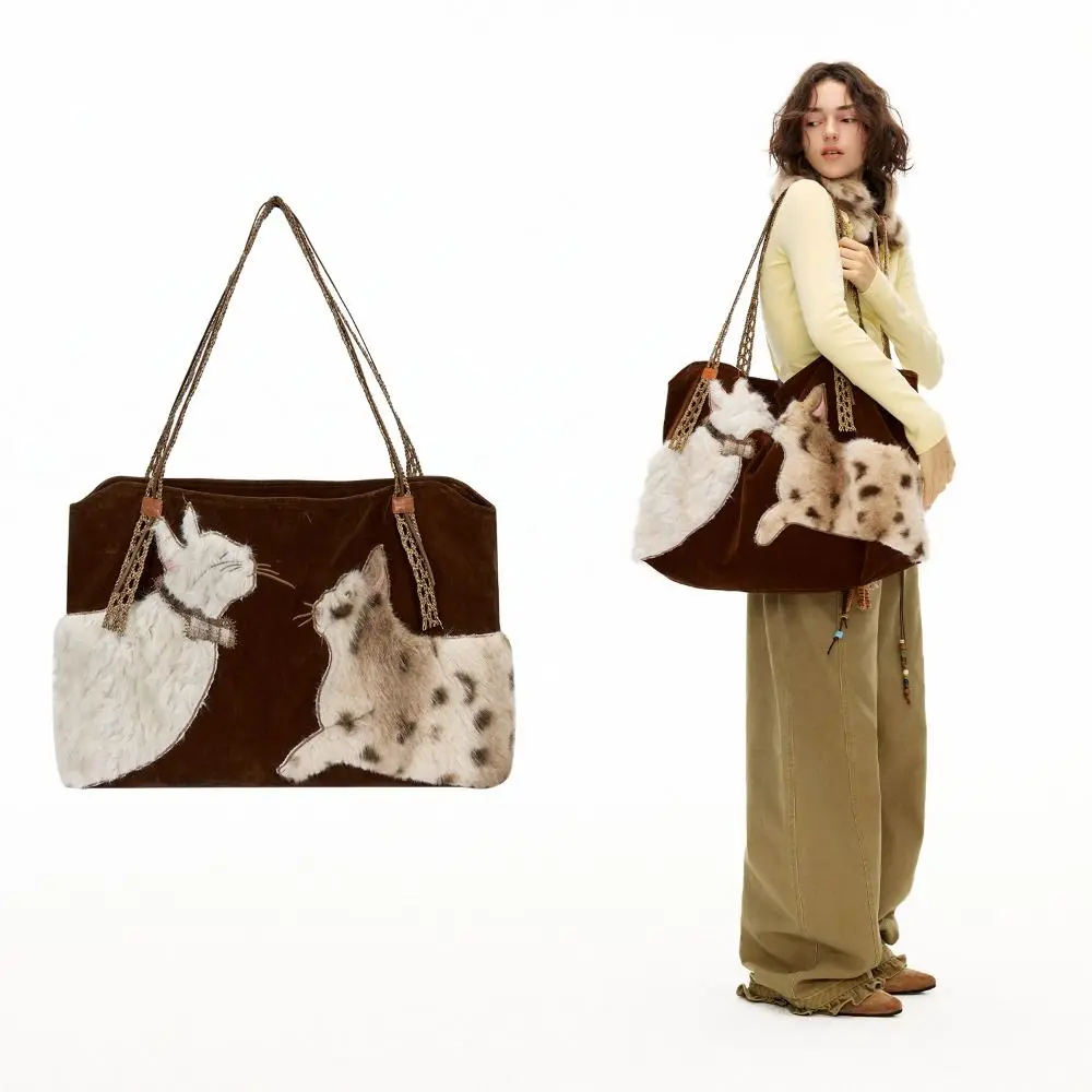 

Утолщенная сумка-тоут Y2K с вышивкой в виде кошки, милая замшевая сумка через плечо в стиле преппи, легкая сумка-мультяшка