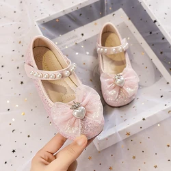 2023 Princess Mary Janes for Party Wedding Shows Shiny Love Crown Bow Pearls Elegant Girls Leather Shoes Kids Versatile Simple