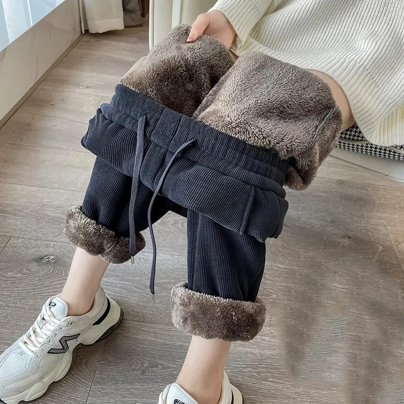 Winter Warm Lamb Fleece Women Pants Fashion High Waist Thick Loose Harem Pants Autumn Korean Solid All-Match Plush Sweatpants