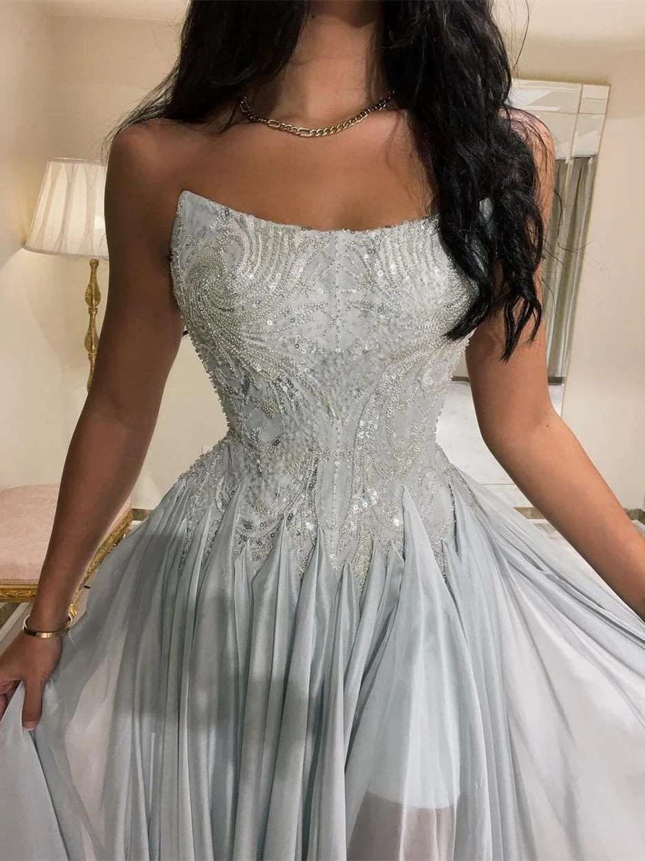 Oisslec Prom Dresses Exquisite Strapless A-line Celebrity Sequin Draped Chiffon Occasion Evening Gown prom dress for black girls