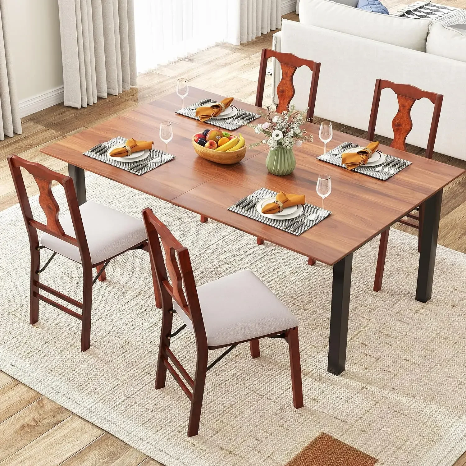Folding Dining Chairs Set of 4, Linen Fabric Upholstered Kitchen Chairs with Rubber Wood Frame and Padded Seat, Space Saving Arm
