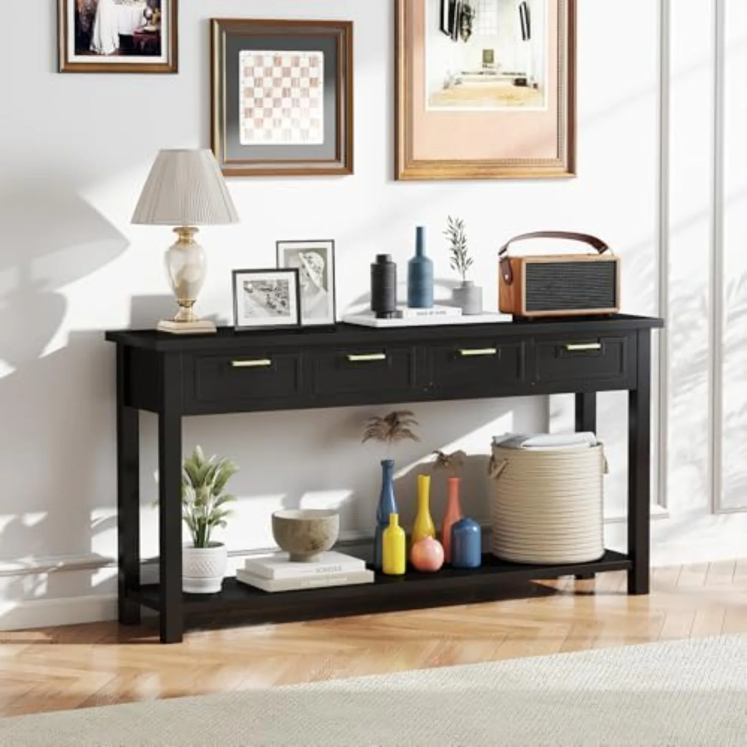 60 Inch Console Table w/4 Drawers and Bottom Shelf for Entryway