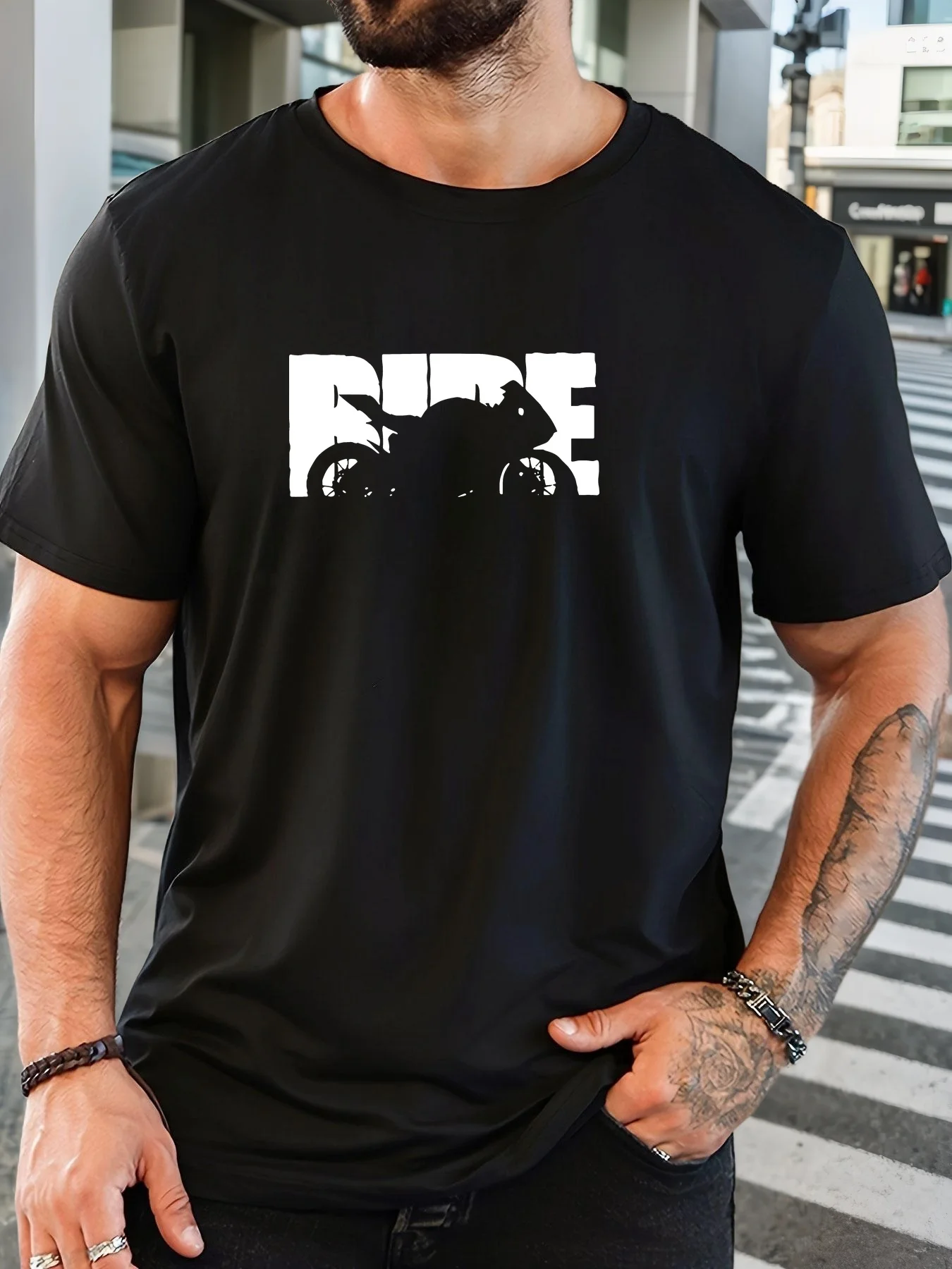 Men'S Casual Motorcycle Graphic Tee - Short Sleeve Round Neck Summer Shirt Featuring RIDE Design, Light Grey  White, Regular Fit for Everyday Wear, Comfortable Fit Top