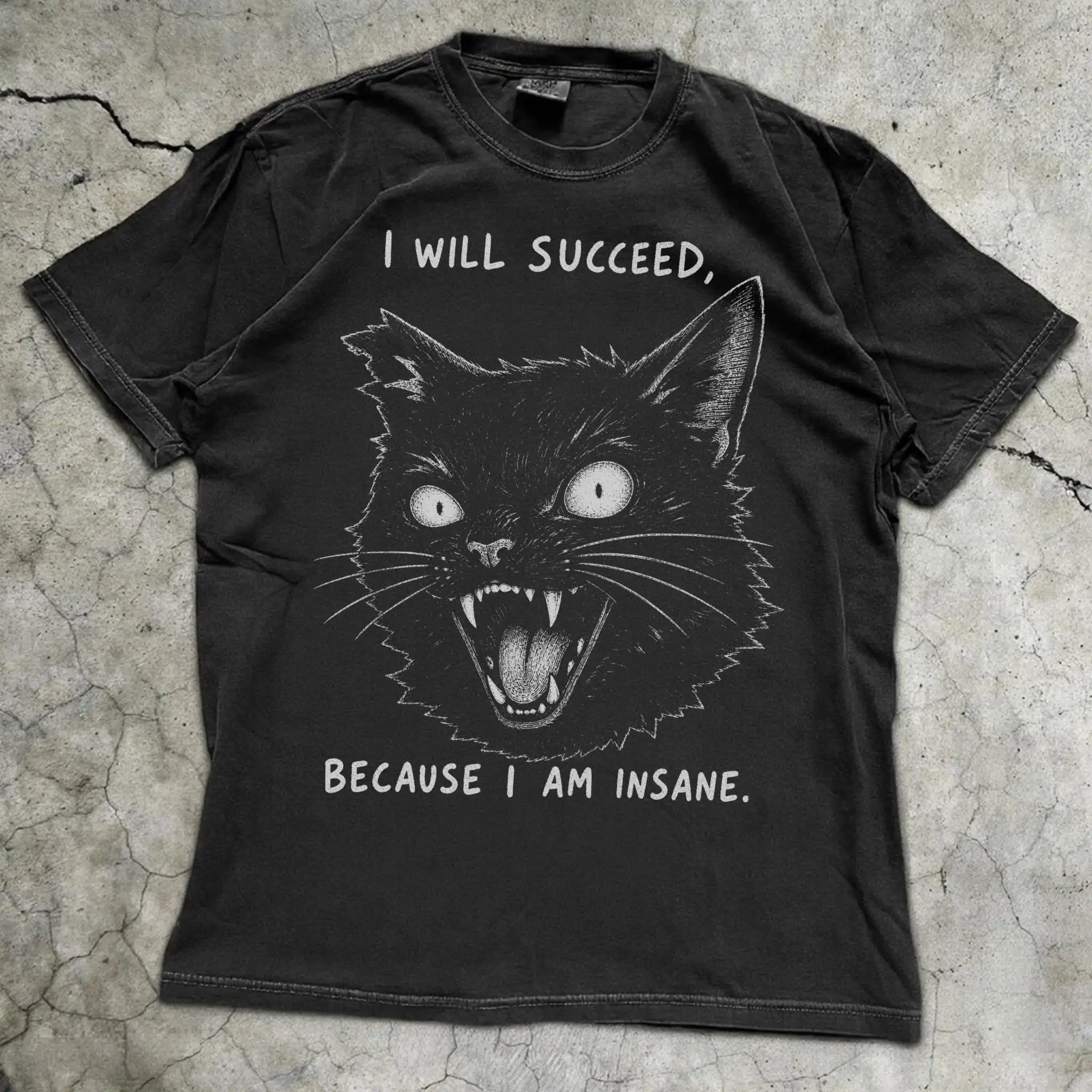 Funny Black Cat Shirt, I Will Succeed Because I Am Insane Tee, Vintage Retro Cat T-Shirt, Dark Humor Cat Gift