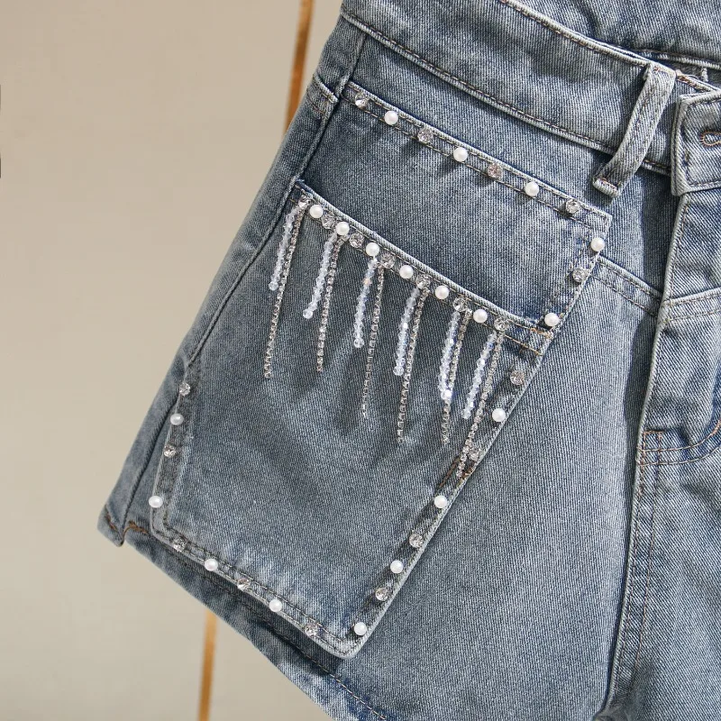 2024 Summer Retro Diamonds Denim Shorts for Women's Clothing Vintage Fashion Slim Wide Leg Hot Pants High Waisted Short Jeans