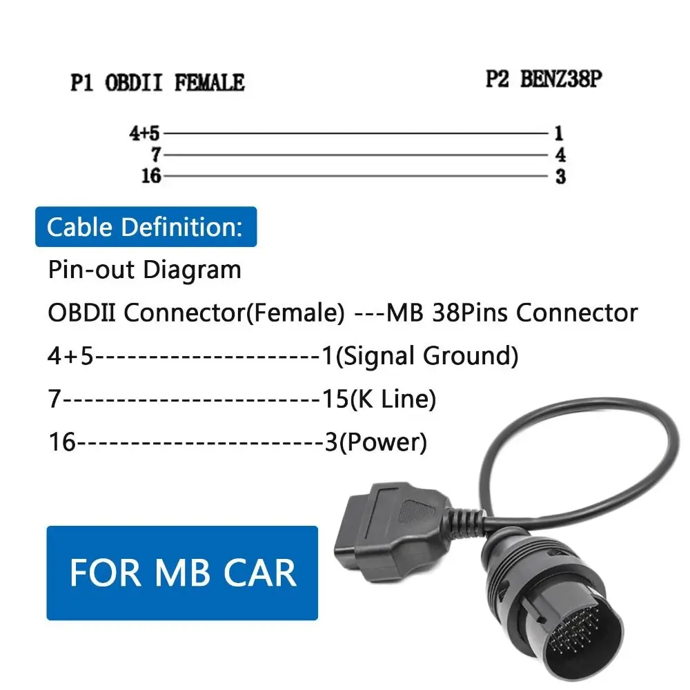 Professional 38Pin To 16Pin OBD Adapter Female Connector OBD Extension Cable Adapter OBD2 OBDII Diagnosis Connector for Benz