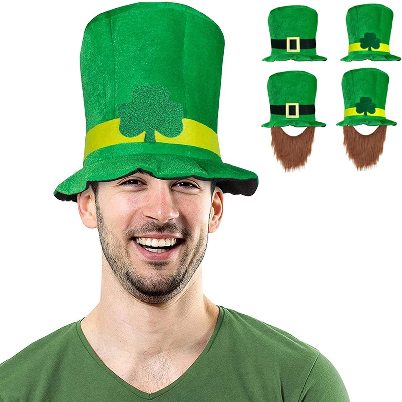 

2024 New St. Patrick's Day Irish Top Hat Beard Green Shamrock Hats for Saint Patrick Day Home Party Decor Cosplay Costume Props