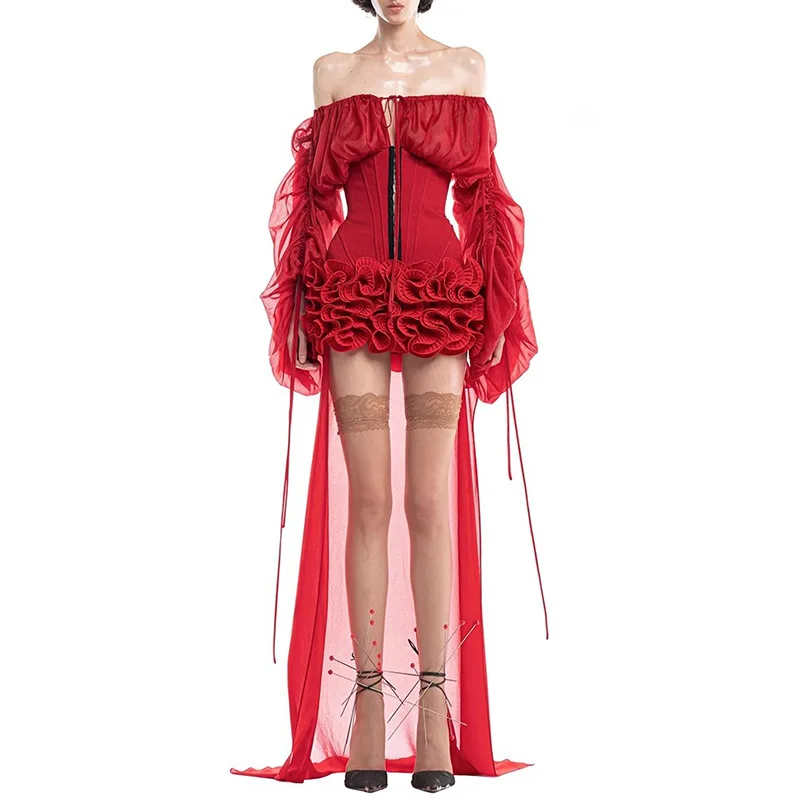 여성 레드 슬림 드레스 섹시한 오프 숄더 긴 소매 셔링 프릴 미니 드레스 트레일링 이브닝 파티 칵테일 가운