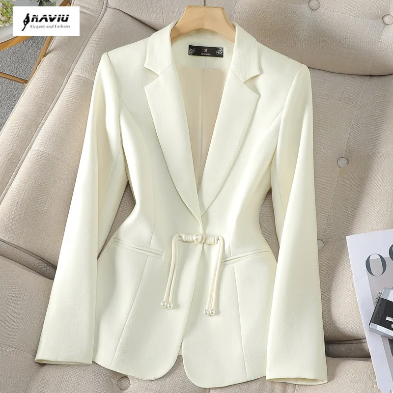 NAVIU Frühling Herbst Frauen Blazer Beige Schwarz Blazer Damen Business Arbeit Tragen Langarm Single Button Formale Weibliche Jacke