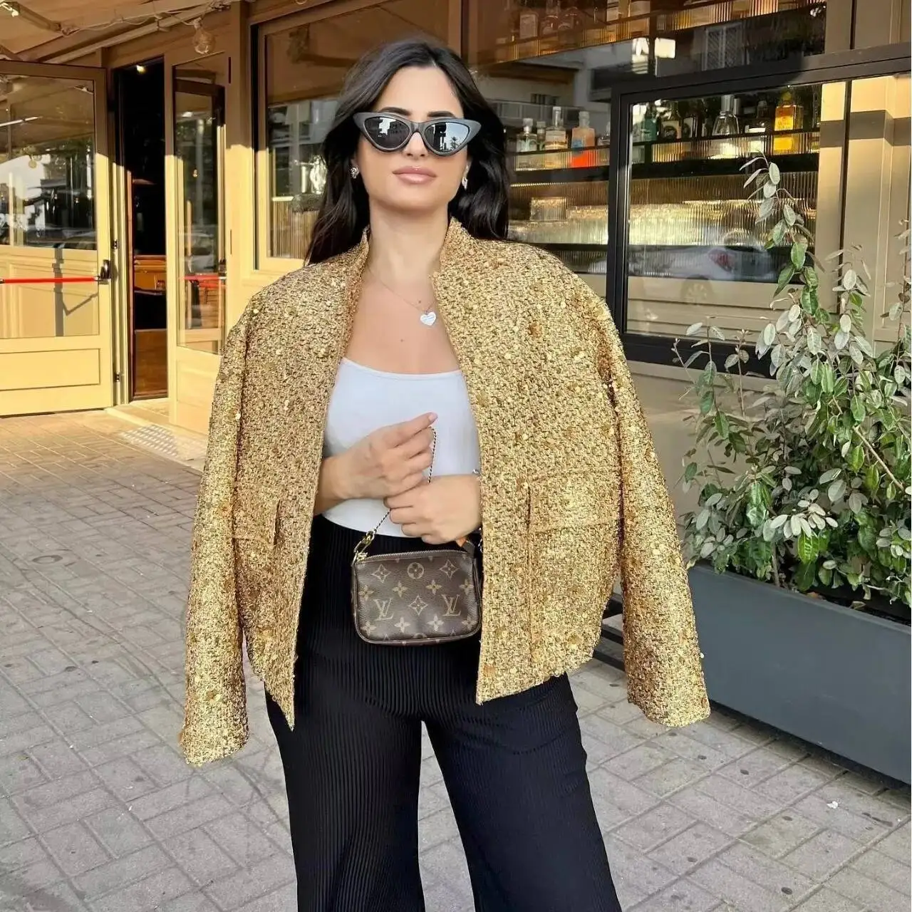 

Women's Chic Sequined Bomber Jacket O Neck Long Sleeve With Pockets Stretchy Hem Fall Outerwear