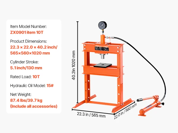 SucceBuy Hydraulische winkelpers 10T H-frame winkelpers met persplaat en H-vormige basis Verstelbare hydraulische pers Geschikt voor buigen
