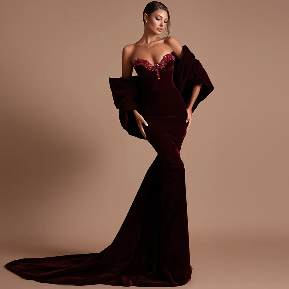 Exquisite Burgundy Velour Evening Dress Luxury Crystal Mermaid Celebrity Gowns Graceful Sweep Train Customized Prom Dresses