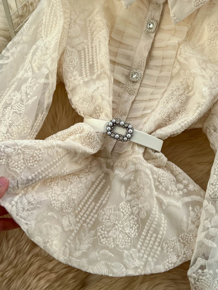 الفرنسية أزياء أنيقة 2 قطعة مجموعة المرأة سليم صالح المطرزة الدانتيل مربوط بلوزة + تنورة عالية الخصر الخريف الزي الصلبة غير رسمية