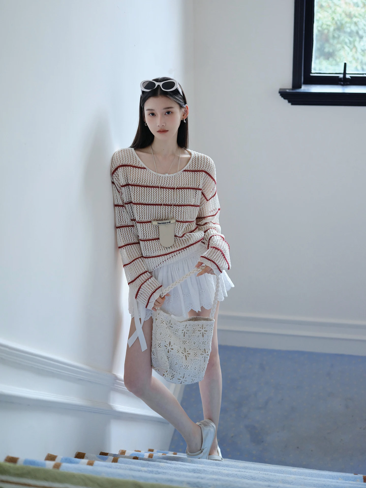 ChillCozy Miranda Hollow out Knitted  Stripe Pattern Soft Linen Blend Women's Long Sleeve round Neck Top
