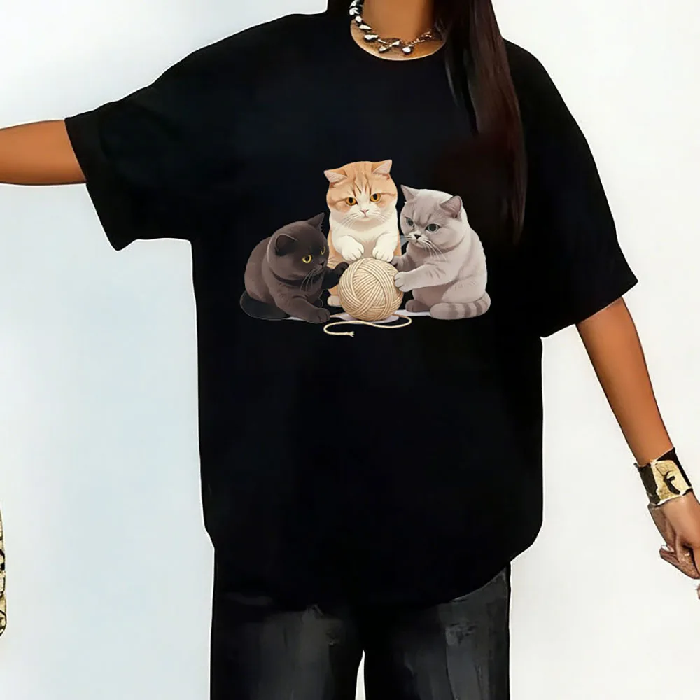 لطيف الكرتون القطط طباعة فضفاض تي شيرت المرأة 2026 صيف جديد قصير الأكمام قاعدة تيز موضة عادية س الرقبة تي شيرت الشارع الشهير
