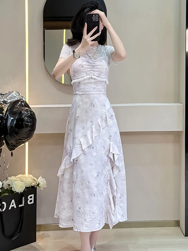 المرأة الأزهار تكدرت فستان بكتافة + الدانتيل الجاكار قميص حريمي قطعتين مجموعات 2025 الصيف الكورية خمر الفاخرة Bodycon فستان الدعاوى