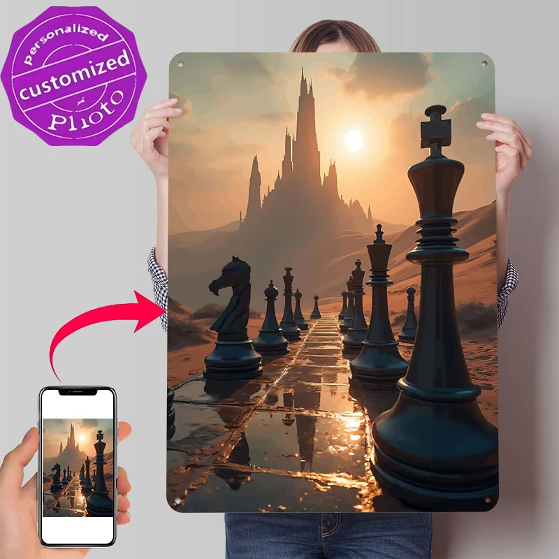 Chess Pieces in a Desert Landscape Tin Poster Customized Wall Art Retro Vintage Metal Signs for Fans Room Wand Deko Office Decor