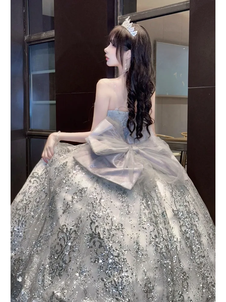 Lief meisje mouwloze lange balavondjurk met hoge taille High Sense verjaardag Bright Host Party Tube Top prinses maxi-jurken