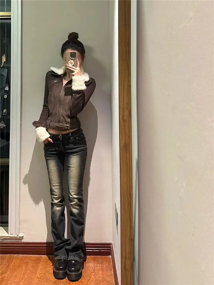 

American Retro Low Waist Black Straight Leg Jeans Women Slim Fit Elastic Washed Denim Pants Extended Length Smoke Tube Trousers