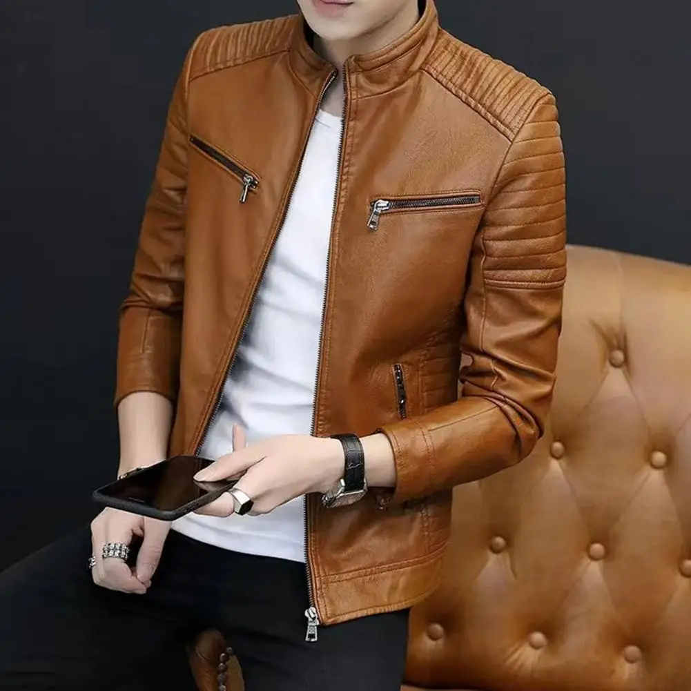 Faux Leather Coat Men's Fleece-lined Stand Collar Jacket Stylish Pleated Shoulder Design Zipper Placket for Autumn/winter