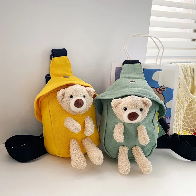 Cartoon Plush Bear Kids Chest Bag Cute Canvas Messenger Bag Children Outdoor Zipper Waist Pack