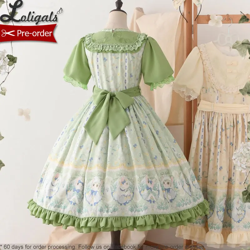 Pre-order Sweet Short Sleeve Lolita Dress Printed Casual Party Dress ~ Lily of the Valley & Kitten by Strawberry Witch