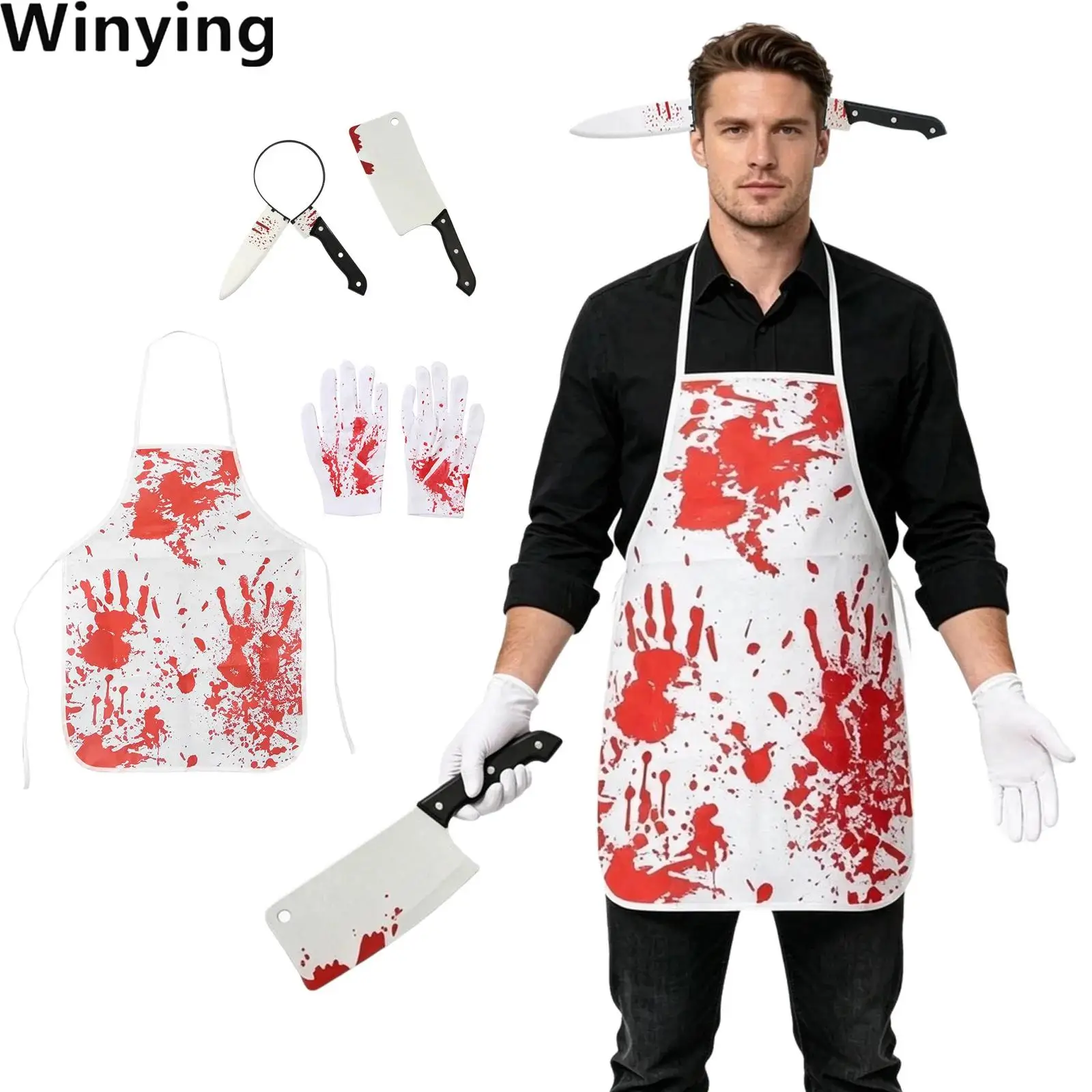 Butcher Costume Props Set Bloody Apron Gloves Scar Tattoo Stickers Halloween Cosplay Theme Party Accessories