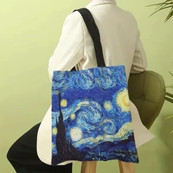 Borsa di tela Serie Van Gogh Borsa di tela Pittura a olio Notte stellata Girasole Fiore di albicocca Borsa porta caffè 30X35 cm