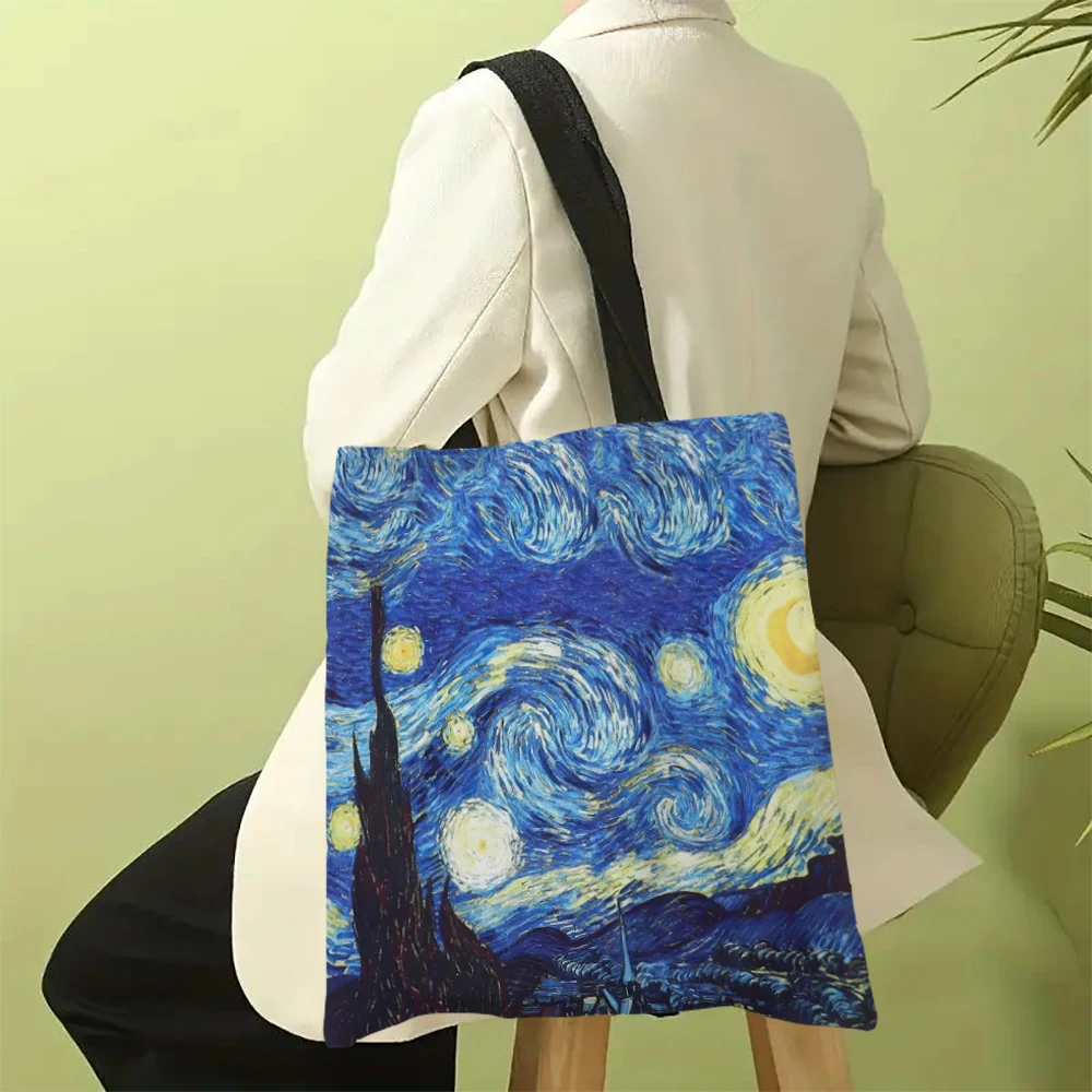 Torba płócienna Seria Van Gogh Torba płócienna Obraz olejny Gwiaździsta noc Słonecznik Kwiat moreli Uchwyt na kawę Torebka 30X35cm