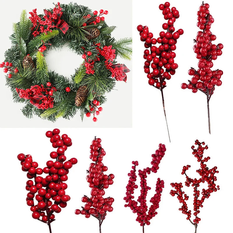 5Pcs Christmas Artificial Red Berries Pine Cone Branches For Christmas Home DIY Wreath Gift Decorations Xmas Tree Ornament 2024