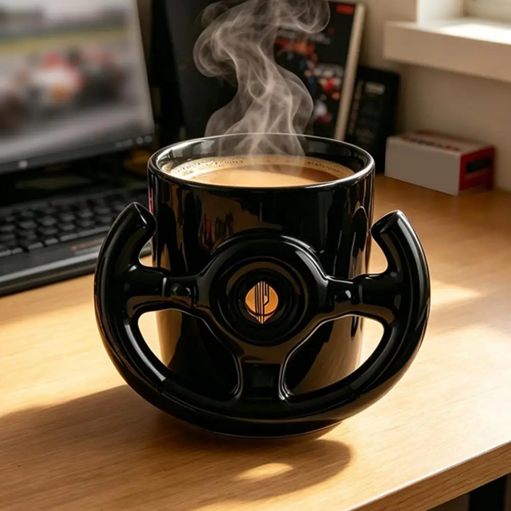 Funny Steering Wheel Coffee Mug Ceramic Racing Themed Cup 400ml Glossy Black Drinkware for Office Desk And Gaming Room