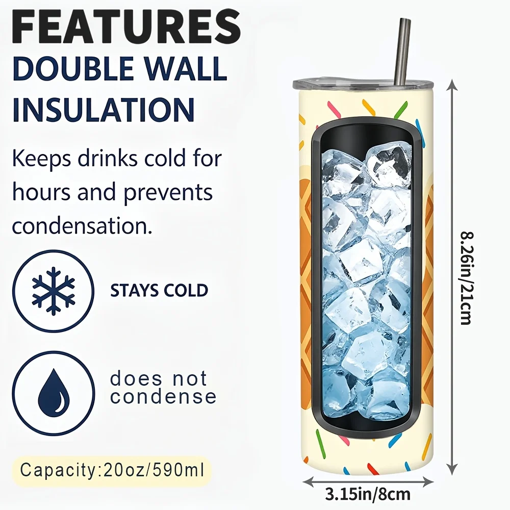 1pc/20oz/590ml/Double Wall Stainless Steel Insulated Skinny Tumbler with Straw And Lid,Outdoor Travel Coffee Mug,Waffle Pattern with Dripping Glaze And Colorful Sprinkles,Festive Gift Option,Warm Gifts for Family And Friends,Summer Party Gifts
