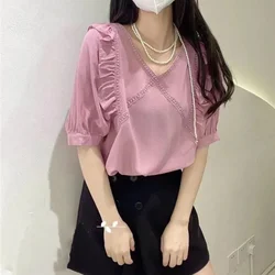 Korean Fashion Summer New Women's V-Neck Solid Edible Tree Fungus Bandage Temperament Versatile Loose Short Sleeve Shirts Tops