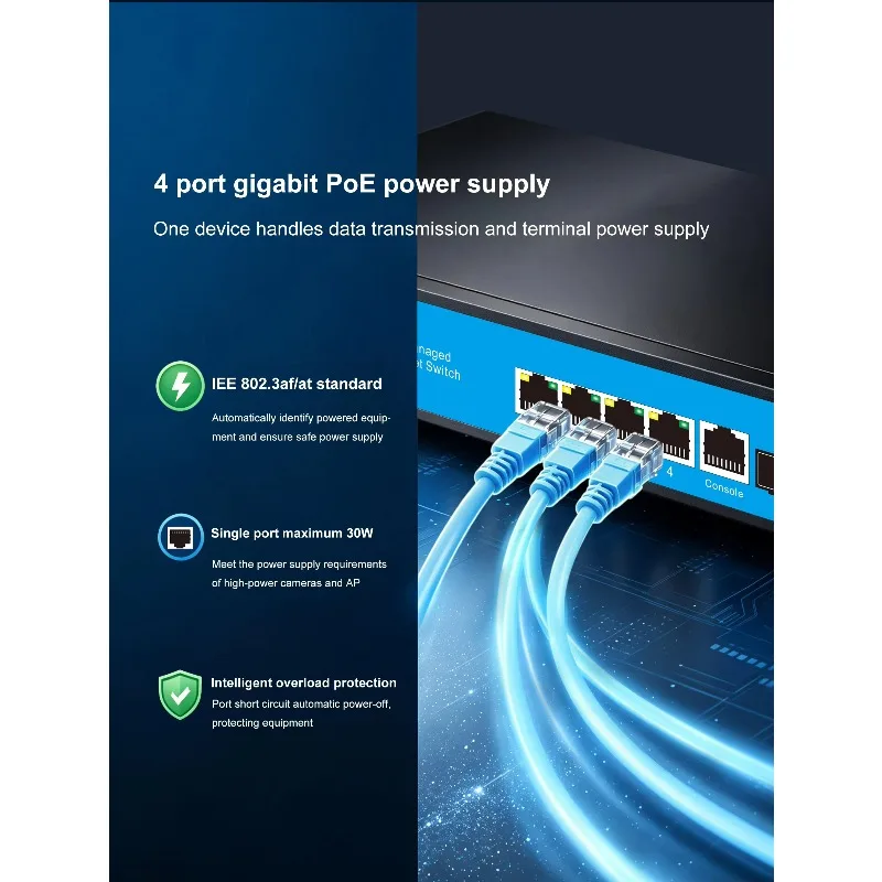 4-port PoE Management Network Switch,2-port SFP Ports,802.3af/at,ERPS Ring Network,Built-in Power,Static Routing