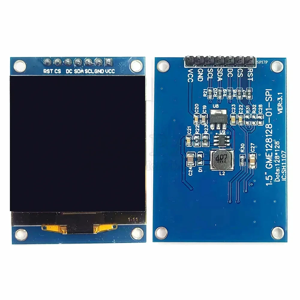 1.5 Inch OLED Screen Module SPI 7Pin 128*128 COG SH1107 Drive White LCD Display Low Power Consumption 3.3V-5V